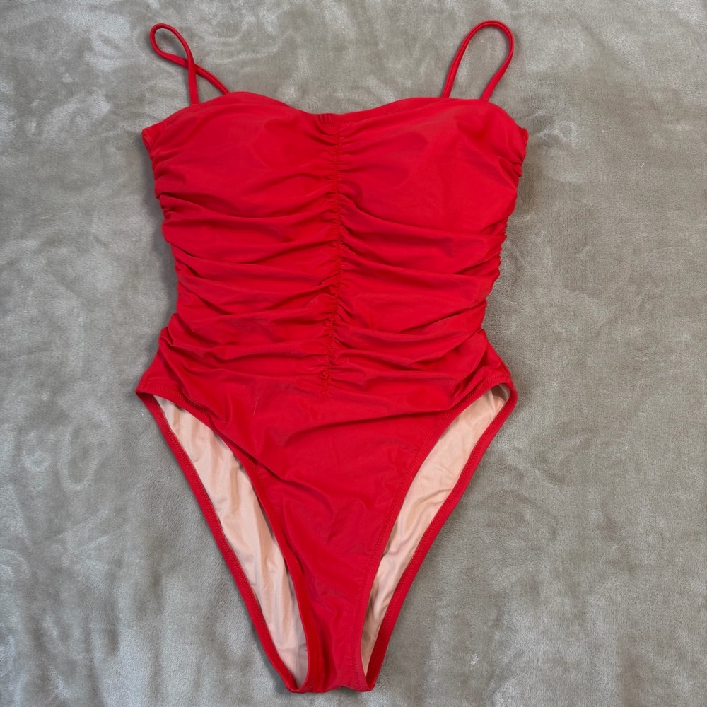 J. Crew Re-Imagined Red Sweetheart Ruched Swimsuit Size 12